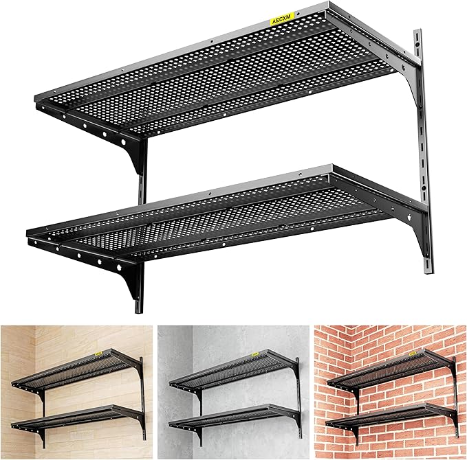 1pack×2 Tier 1.3x3ft Garage Shelving Wall Mounted, 400 lbs Load Capacity,15.6x36inch per Shelf Height Cassette Adjustable Floating Shelves, Black