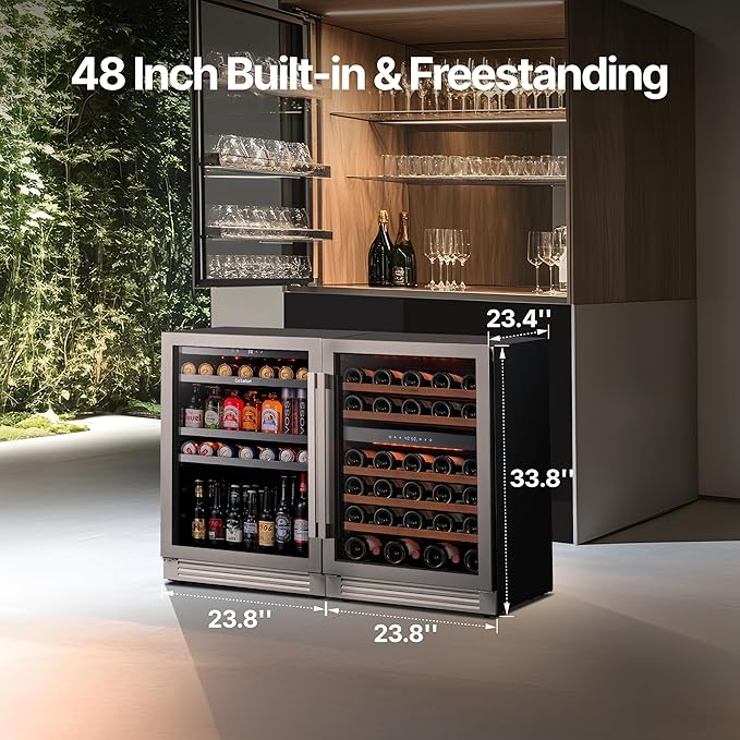 Ca'Lefort Wine Beverage Refrigerator Bundle - 48 Inch 34-65°F Drink Fridge Glass Door, 3 LED Dual Zone Wine Fridge Built-in or Freestanding, Holds 220 Cans and 46 Bottles (11.3 Cu.ft)