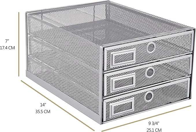 Annova Desk Organizer Wire Mesh 3 Tier Sliding Drawers Paper Sorter/Multifunctional/Premium Solid Construction for Letters, Documents, Mail, Files, Paper, Kids' Art Supplies (Silver)