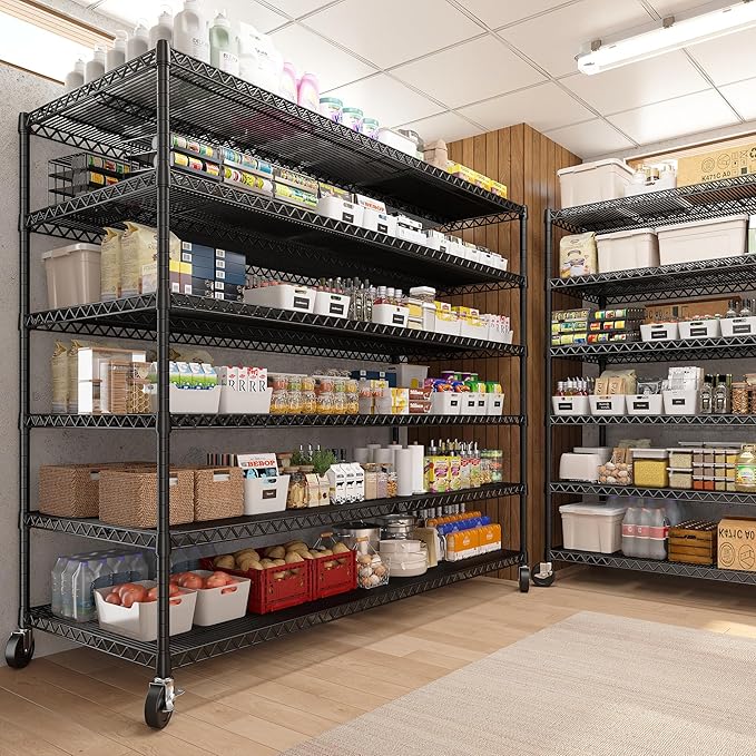 REIBII 60''W X 82.6" H Steel Heavy Duty Wire Shelving Unit with Wheels, 6-Tier Adjustable Storage Shelves 3598LBS Commercial Metal Shelves for Pantry, Garage, College Dorm Industrial Shelving, 2 Pack