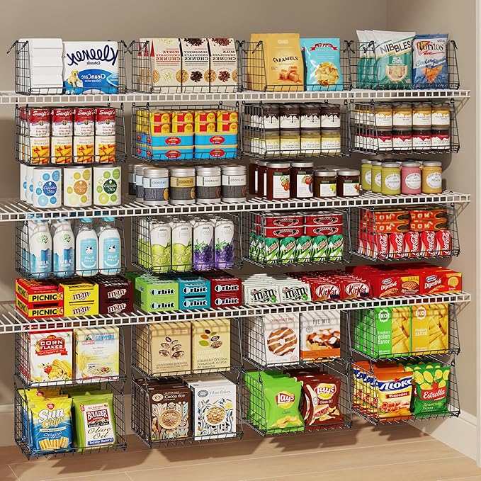 3-Pack Under Shelf Hanging Baskets - Space Saving Pantry Shelf Organizer with 360° Rotating Hooks for Kitchen Storage, Foldable Small Space Solutions for Pantry Organization, Black