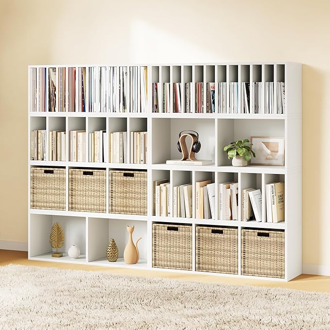IOTXY DIY Modular Cube Bookcase - CubeXY Customizable Stackable Expandable Combination Set, 23-Cube Open Bookshelf for Books, Fabric Storage Bin, and Vinyl Record Organizer, White