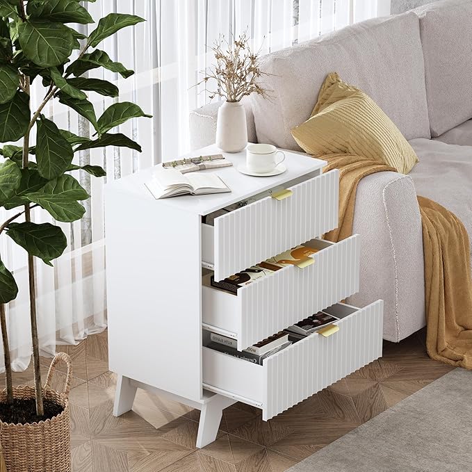 White Night Stand with 3 Drawers, Bedside Table & End Table, 24" Wide Mid Century Modern Fluted Wood Nightstand with Metal Handles, Farmhouse Night Stands for Bedroom