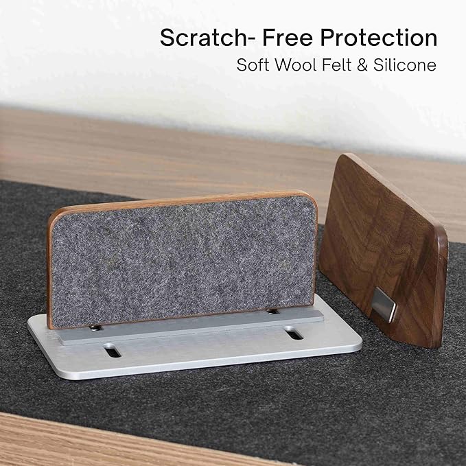 Vertical Laptop Stand, Black Walnut Wood Laptop Holder Vertical for Desk - Heavy Silver Aluminum Base | Adjustable Dock (8-38mm) Fits Most Laptops, MacBooks (Silver Base)