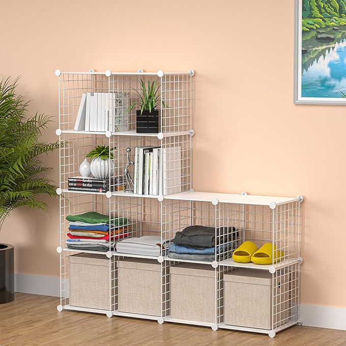 TUMUCUTE Cube Storage Organizer, Metal 12-Cube Shelves Bookshelf, Portable Closet Clothes Organizer for Bedroom, Home, Office, White