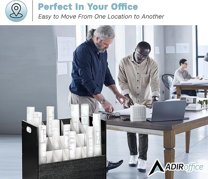 AdirOffice Adir Blue Print Storage Organizer - Mobile Roll File Cart, Construction Plan Holders, Blueprint Cabinet with Wheels, Roll Files Storage for Office and Home (21 Slots, Black)