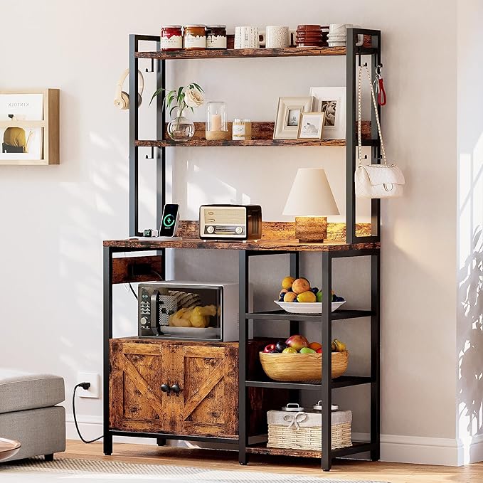 IRONCK Bakers Rack with Cabinet, Kitchen Bakers Rack with Power Outlets, Microwave Stand with Storage, Coffee Bar with 8 Metal Hooks