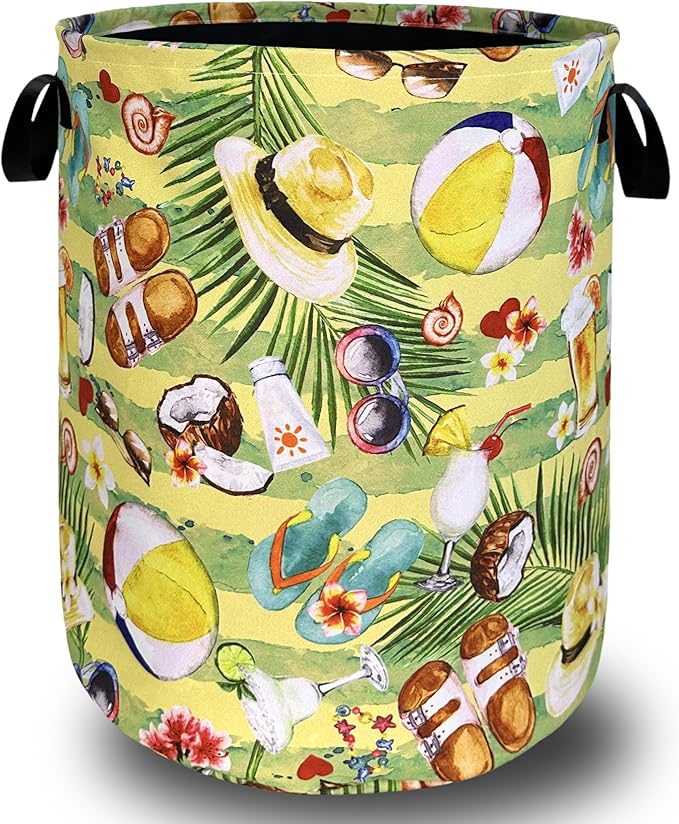 Happy Summer Time Laundry Hamper With Handles Foldable Oxford Cloth Tote Bag Colorful Hawaii Beach Funny Laundry Basket Clothe Toy Storage Bucket 18.9"x16.5"For Bathroom/Laundry/Bedroom