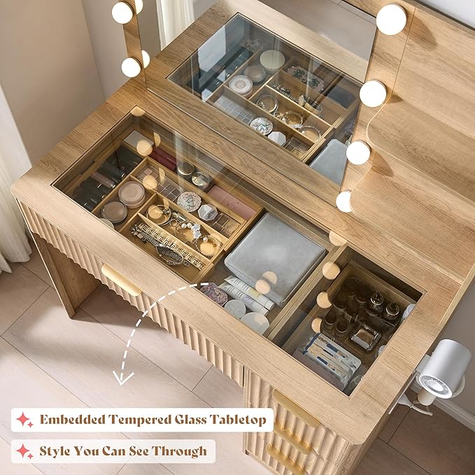 AMERLIFE 36.2" Fluted Vanity Desk with Mirror and Adjustable LED Lights, Large 4 Drawers Makeup Table with Glass Top and Charging Station for Women and Girls, Bedroom or Dorm, Natural Oak