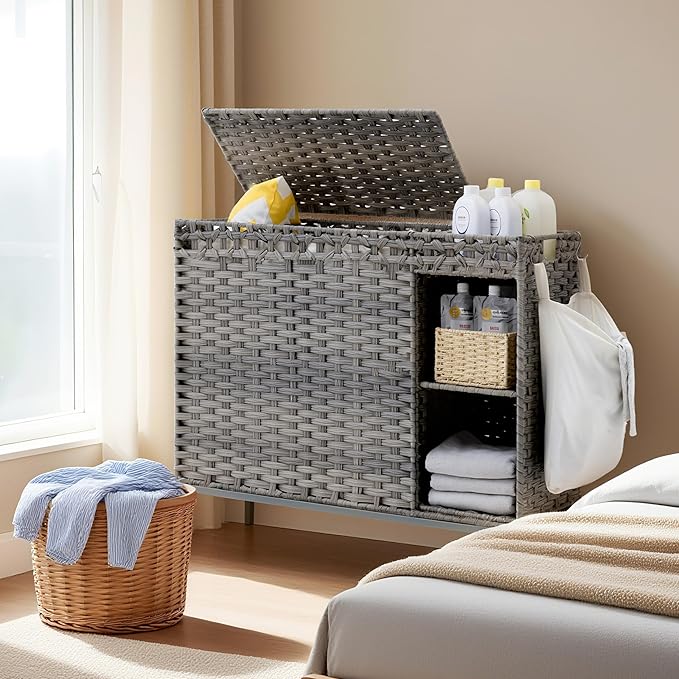 Laundry Hamper with Lid, 130L (34.4 Gal) Rattan Laundry Hamper 3 Section with 50L(13.2 Gal) Storage Shelf, Wicker Woven Laundry Sorter Basket with 4 Liner Bags and Handles, Natural GLH003N