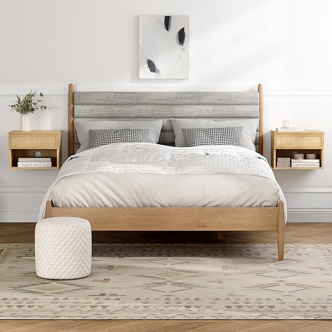 Rattan Floating Nightstands Set of 2, Wall Mounted End Table with Drawer and Open Compartment Modern Wood Bedside Night Stand Storage Cabinet for Bedroom Living Room, Natural Oak
