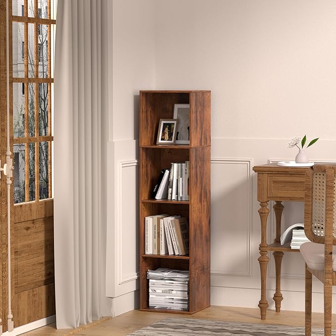 4 Cube Storage Organizer, 4 Tier Cube Bookcase Freestanding Storage Display Organizer for Home Office, Four Cubes Open Shelf Bookshelf(Retro Brown, 4 Cube)