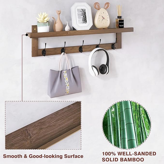 SMIBUY Coat Hooks with Shelf Wall-Mounted, 29.2 Inch Entryway Coat Rack for Wall, Bamboo Hanging Shelf with 5 Double Metal Hooks for Bathroom, Bedroom, Kitchen, Living Room, Mudroom (Walnut)