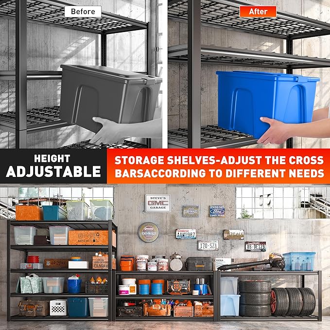 REIBII 48.2''W Garage Shelving Heavy Duty Metal Shelving 3000LBS Storage Shelves Adjustable Metal Shelves Industrial 5 Tier Garage Shelf for Basement Pantry Warehouse Supermarket, 4 Pack