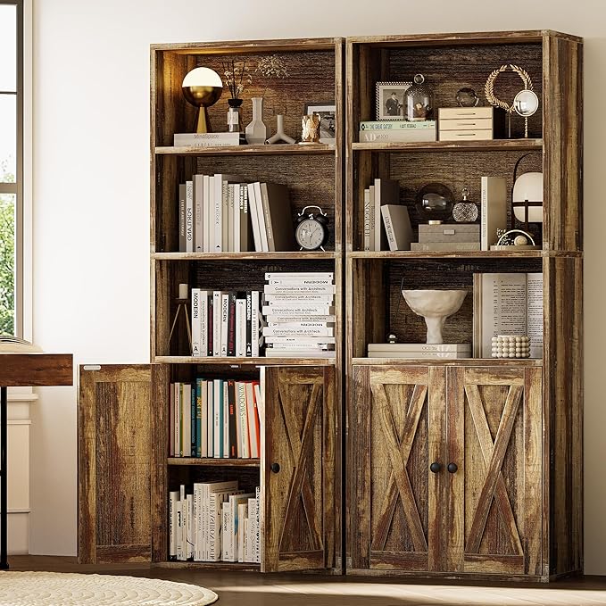 IRONCK Industrial Bookshelves and Bookcases with Doors 11.8 in Depth Set of 2 Floor Standing 5 Shelf Display Storage Shelves Bookcase Home Decor Furniture for Home, Office, Living Room, Bedroom