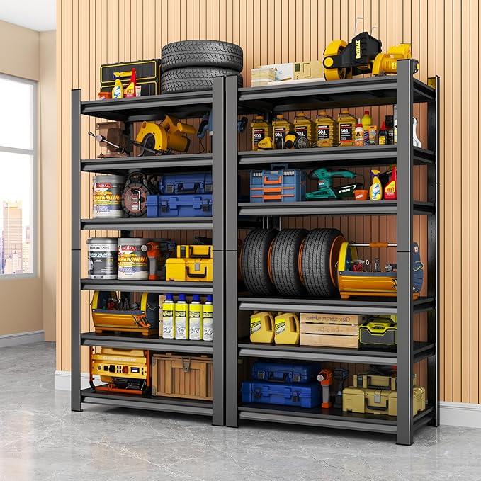 Storage Shelves, Garage Metal Shelving Unit, Adjustable, Double-Layer Column with Reinforced Ribs, Heavy-Duty, Capable of Bearing 600-3600 lbs (Black, 77 * 45 * 18, 6-Tier)