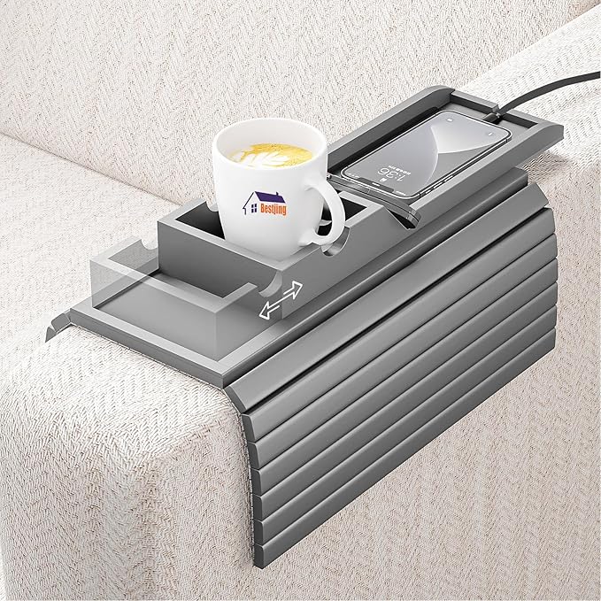 Couch Armrest Table, Sofa Arm Tray with Detachable Couch Cup Holder - 2 in 1 Anti-Slip Foldable Sofa Armchair Caddy Table for Drinks Cellphone TV Remote Snacks (Gray)