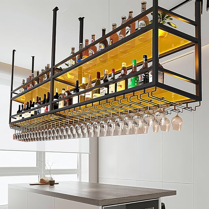 31.4IN Acrylic Ceiling Wine Glass Rack with Transparent Shelves, Hanging Wine Rack with Glass Holder and LED lights, 2 Layer Ceiling Bottle Holder Shelf for Bar Kitchen Decorate (31.4in/80cm)