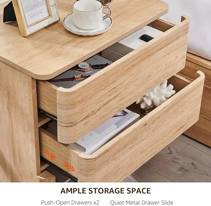 ACCOHOHO Nightstand with Charging Station, 22" Push-to-Open Bedside Table with 2 Storage Drawers, Large Modern End Table for Bedroom,Living Room,Natural Oak