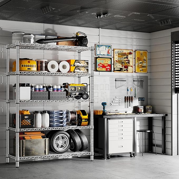 REIBII 5 Tier Metal Shelving Storage Shelves,71''H Adjustable Garage Shelving Unit and Storage,Wire Shelves Pantry Shelves for Kitchen Restaurant Warehouse Office,71H X 35.5W X 14D,Chrome