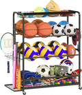 Garage Sports Equipment Organizer,Sports Ball Organizer with Wheels,Basket,Ball Organizer with Baseball Bat Rack and HooksToy Storage Rolling Cart-Black