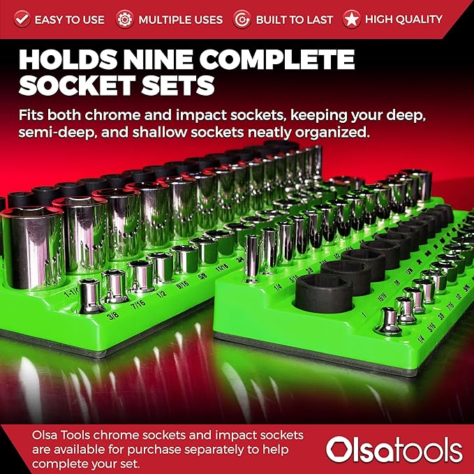 Olsa Tools Magnetic Socket Organizer | 3pc Socket Holder Kit | 1/2-Inch, 3/8-Inch, 1/4-Inch Drive | Socket Organizers For Toolboxes | Green | Holds 123 | Professional-Grade Tool Organizer | Part 1561
