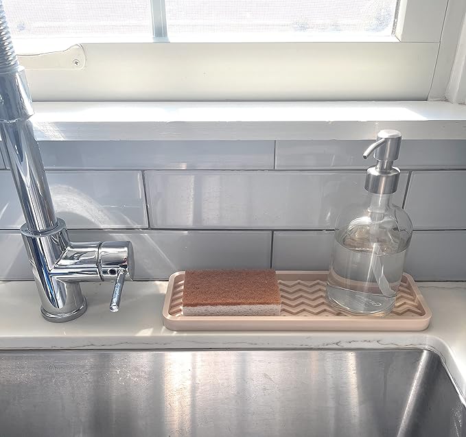 Happitasa Silicone Kitchen Sink Organizer Tray, Sponge Holder and Countertop Protector | Bathroom and Kitchen Soap Dish and Dispenser Tray (Sand Dollar, 12" x 4", 9.2 Ounces, Zigzag)