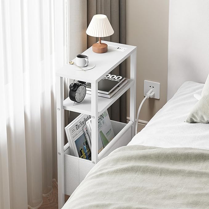 Narrow Side Table with Charging Station Slim End Table Sofa with Magazine Rack, Bedside Table for Small Spaces, 3 Tier Nightstand for Living Room Couch, Bedroom White LET503WE