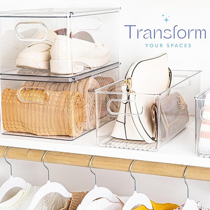primebox Plastic Food Storage 2 Pack Clear Container Bin with Handles for Organizing Kitchen, Pantry, Refrigerator, Freezer, Pantry, Cabinet, Closet, Bathroom. 16”x6”x5”
