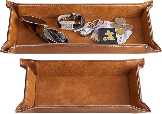 Navaris Faux Leather Valet Tray Set of 2 - Catch All Tray for Key Entryway Table Nightstand - Catchall for Keys Watch Remote Phone - Valet Storage for Men - Mens Storage Dish