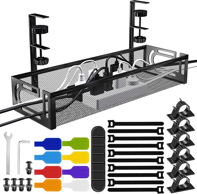 No Drill Under Desk Cable Management Tray, SONATURE 15.7" Cord Organizer for Table, Clamp Mount Desk Cable Management, Premium Carbon Steel Cable Organizer for Office, Home (Black)