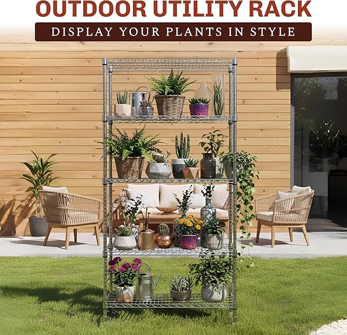 5-Tier NSF-Certified Steel Storage Shelves Rack - Garage Shelving Heavy Duty Metal Shelves for Storage - Adjustable Wire Shelving Unit w/ Wheels Shelf Commercial Shelving for Garage, Kitchen & Office