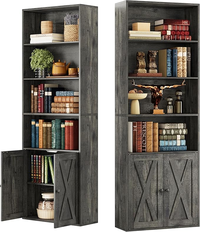 IRONCK Industrial Bookshelves and Bookcases with Doors Set of 2 Floor Standing 6 Shelf Display Storage Shelves 70 in Tall Bookcase for Home Office, Living Room