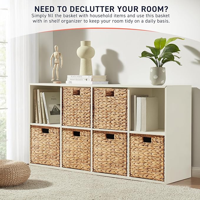 Ornavo Home 13 x 13 Inch Water Hyacinth Baskets Set of 6 – Handwoven Collapsible Wicker Storage Cube Bins with Handles for Bathroom, Bedroom, Laundry and Pantry - Natural
