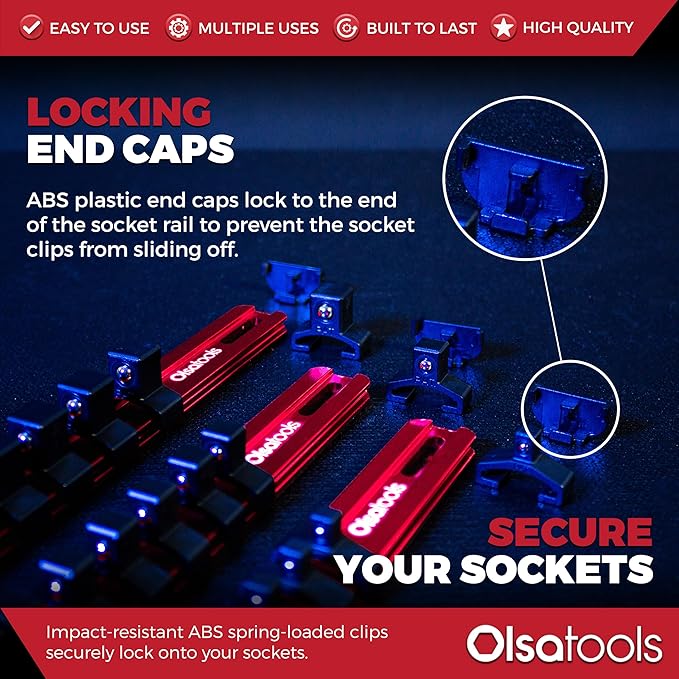 Olsa Tools 3-Pc Set Aluminum Socket Organizer | Locking End Caps | 1/4-Inch, 3/8-Inch, 1/2-Inch Drive Socket Holders with 24, 18, 16 Clips Each (Red)