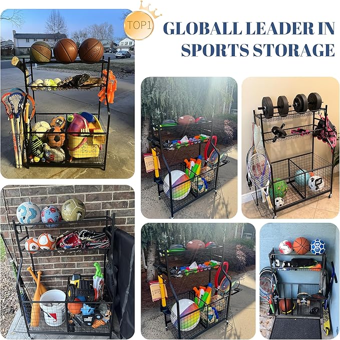 Mythinglogic Sports Equipment Garage Organizer,Garage Ball Storage for Sports Gear and Toys, Rolling Ball Cart with Wheels for Indoor/Outdoor Use