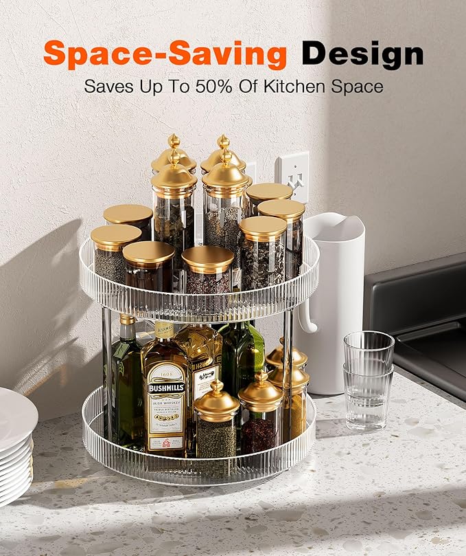 Acina 2-Tier Bathroom Countertop Organizer: 360° Clear Lazy Susan Rotating Storage Tray - Spinning Perfume Cosmetics Vanity Shelf for Bathroom Cabinet, Kitchen (Large)