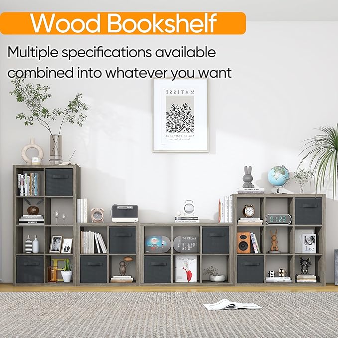 Bookshelf with Storage Bins, 9-Cube Storage Organizer Sturdy Wooden Bookcase Open Book Shelf, Multifunctional Cubicle Rack for Storage & Display, Furniture for Living Room Bedroom Office, Gray Oak