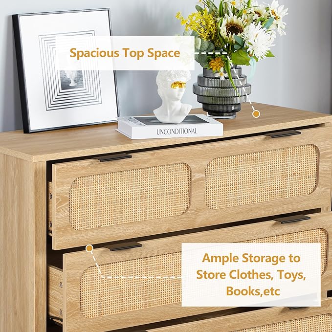 5 Drawer Dresser with Rattan Finish, Modern Farmhouse Chest of Drawers with Metal Handles, Accent Wood Storage Cabinet for Bedroom, Living Room (Natural)