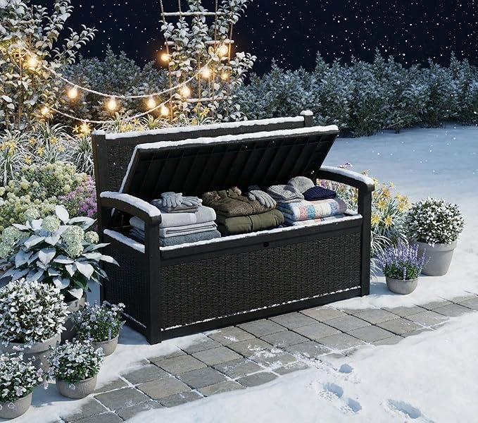 80 Gallon Outdoor Storage Bench, Waterproof Patio Deck Box with Lockable Lid for Garden & Porch, All-Weather Resin Furniture for Cushions, Tools, Pool Accessories