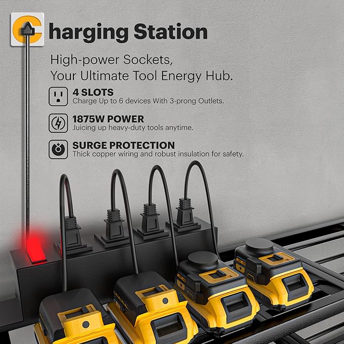 Power Tool Organizer Wall Mount with Charging Station, 4 Drill Holders and 4 Layers Garage Organization, Tool Battery Holder with 4 Outlet Power Strip, Tool Storage for Workshop Pegboard, Shed