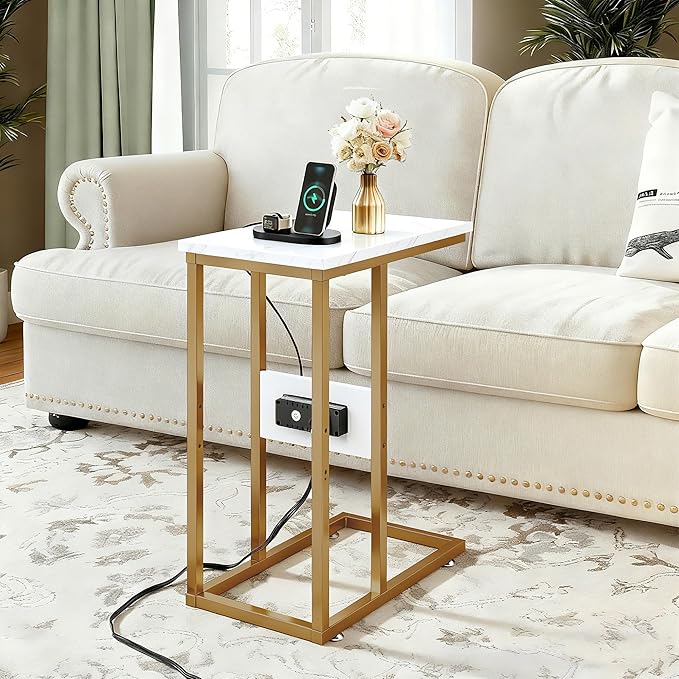 VECELO C Shaped End Side Table with Charging Station & Power Outlets for Couch Sofa/Bed, Snack TV Tray with Metal Frame for Living Room Bedroom 2 PCS, Gold