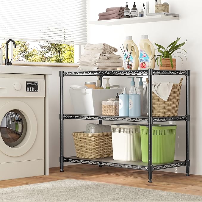 3-Shelf Adjustable Storage Shelves Metal Shelving Unit Heavy Duty Wire Rack Small Organizer with 3 Shelf Liners for Kitchen Pantry Bathroom Laundry Closet Garage 24" W x 14" D x 30" H Black