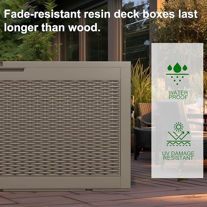 120 Gallon Outdoor Deck Box,Storage Lockable Waterproof Patio Furniture,Garden Tools,Cushions,Pool Accessories Outside Storage Resin Box(Grey)