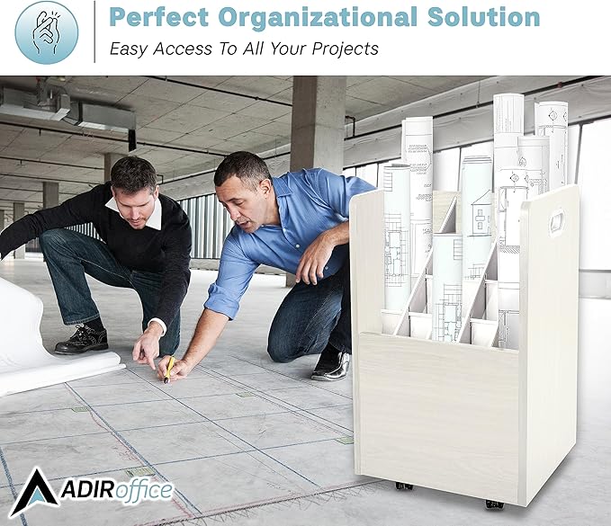 AdirOffice Adir Blue Print Storage Organizer - Mobile Roll File Cart, Construction Plan Holders, Blueprint Cabinet with Wheels, Roll Files Storage for Office and Home (20 Slots, White)