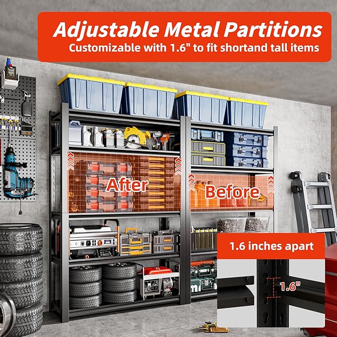 36" W Garage Shelving,5-Tier Heavy Duty Shelving Unit,3000LBS Adjustable Metal Storage Shelves,Storage Rack Units for Industrie,Shed,Warehouse,Basement,Black,36" W x 16" D x 72" H