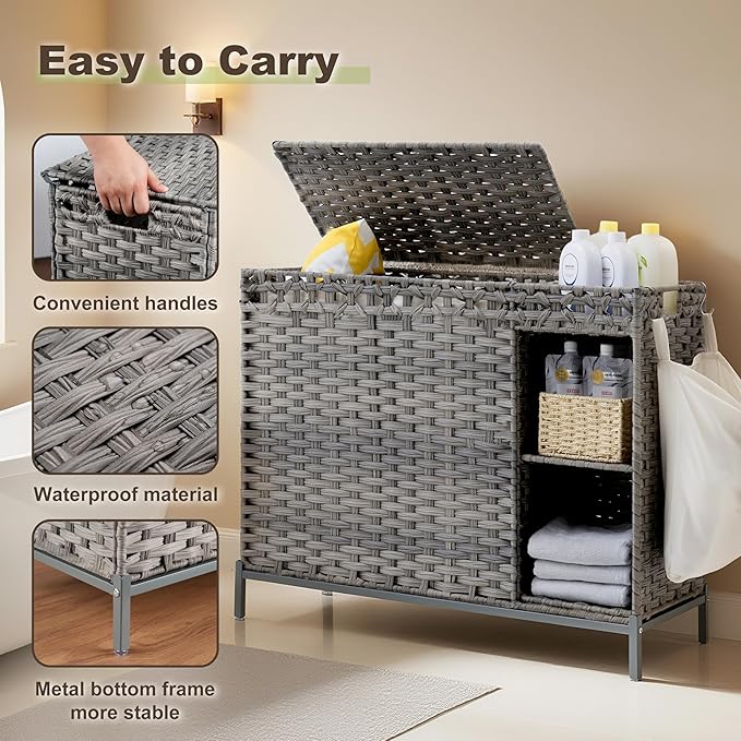Laundry Hamper with Lid, 130L (34.4 Gal) Rattan Laundry Hamper 3 Section with 50L(13.2 Gal) Storage Shelf, Wicker Woven Laundry Sorter Basket with 4 Liner Bags and Handles, Natural GLH003N