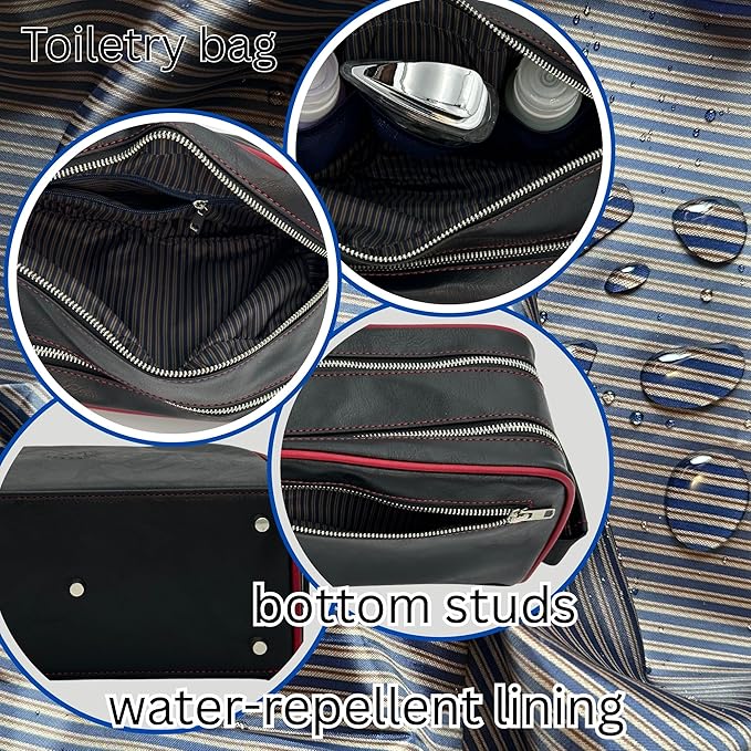 Dopp Gift Large Travel Toiletry Bag Premium Quality PU Leather Two compartments YKK Zippers Water-resistant Bottom Studs Mesh Pockets Durable Cosmetic Organizer BLACK/BURGUNDY