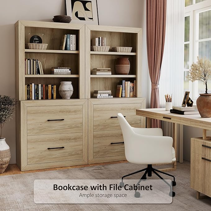 Multi-Depth Bookcase with 2 File Drawers, Bookshelves Floor Standing 3 Tier Adjustable Shelves Organizer and Storage, Solid Bookshelf for Home Office, Living Room, Bed Room