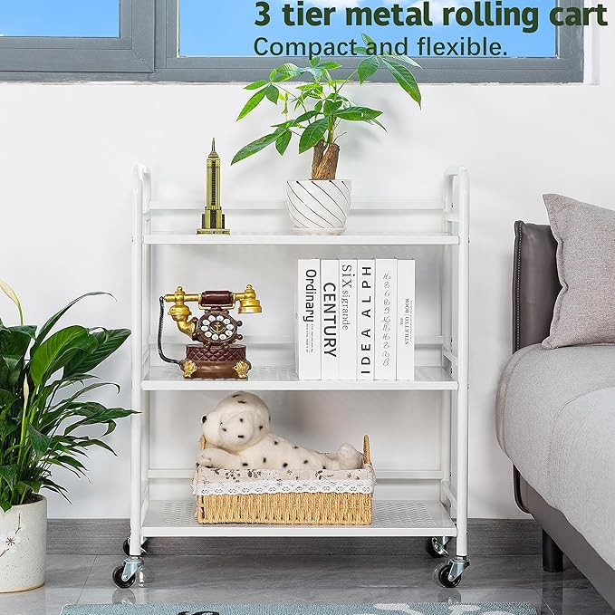 HDANI 3 Tier Metal Rolling Heavy Cart Supports 40 Lbs Per Tier,Mesh Rolling Cart with 2 Lockable Wheels for Office,Home,Bedroom,Kitchen,Bathroom(White)